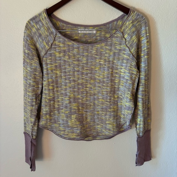 Free People Yellow & Purple Printed Long Sleeve Scoop Neck T-Shirt Womens Sz S - Picture 3 of 8